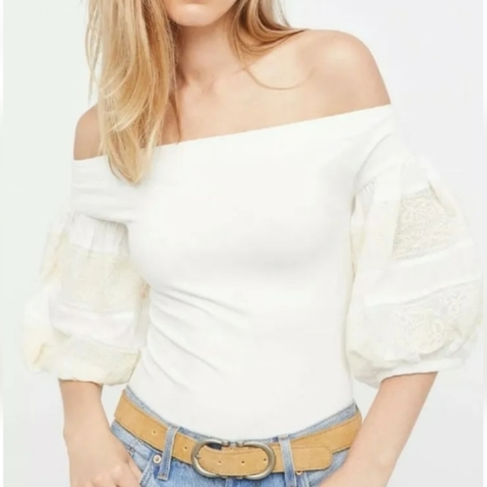 Free People Rock With It Off The Shoulder Embroidered Sleeve Cream Top Size S